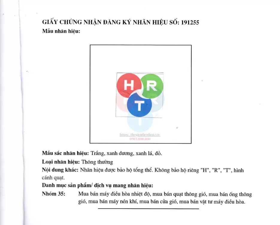 Giấy Chứng Nhận Nhãn Hiệu HRT Số 191255