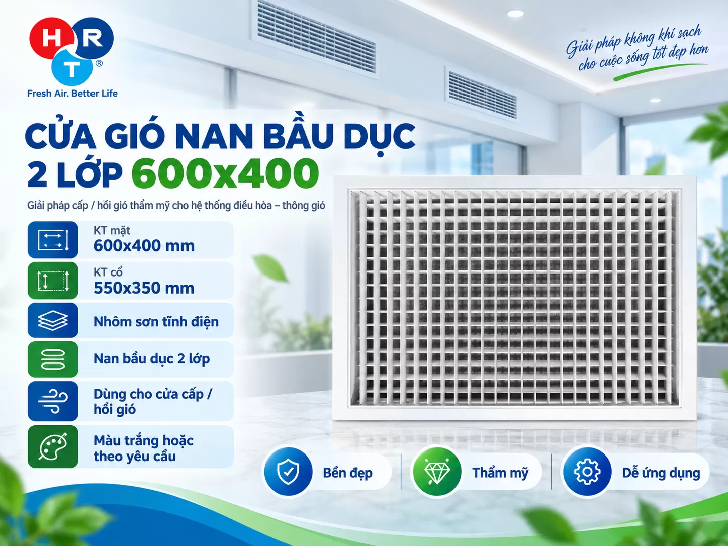 Cửa gi&oacute; nan bầu dục 2 lớp KT 600x400 mm