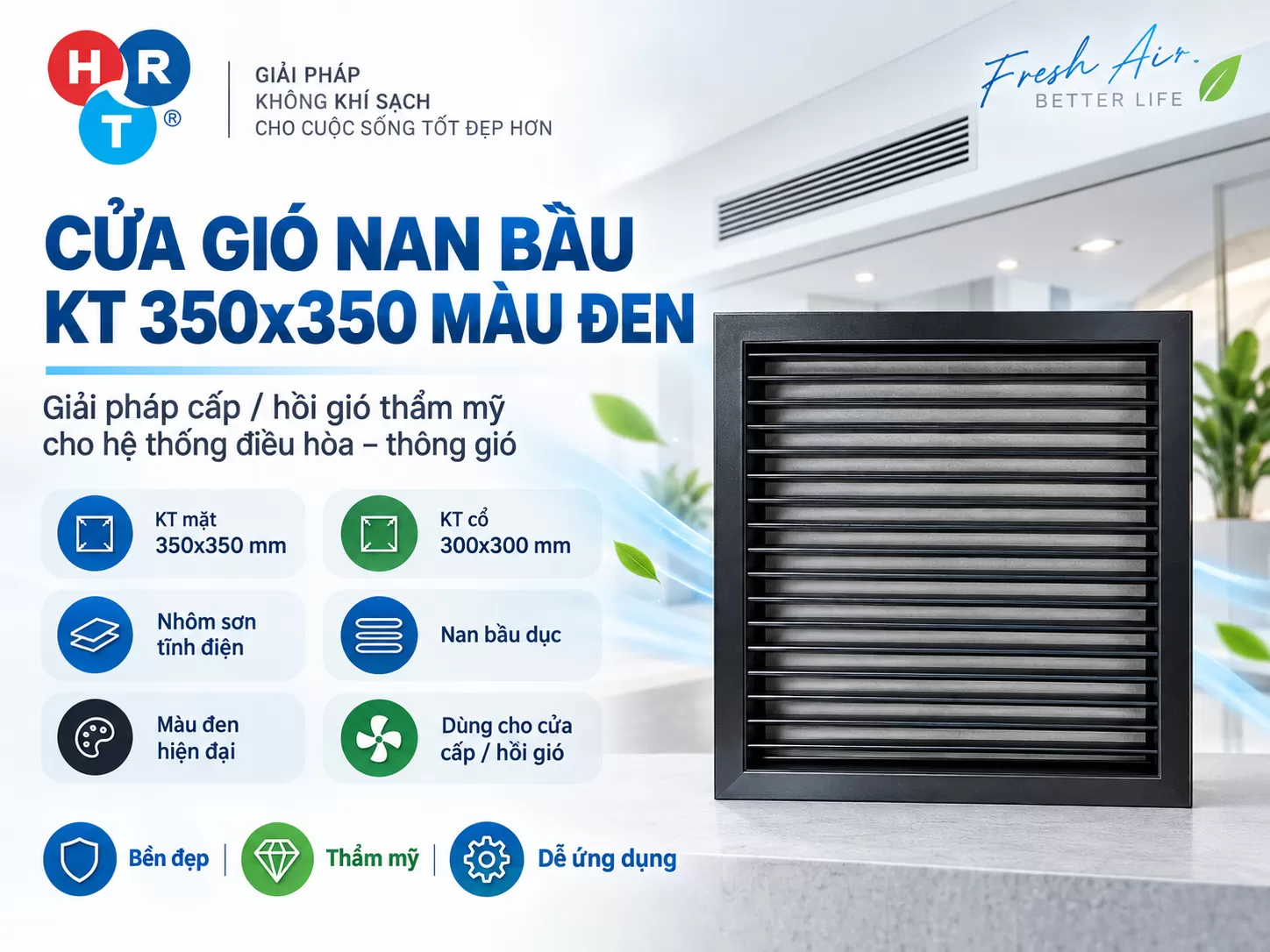 Cửa gi&oacute; nan bầu KT 350x350 m&agrave;u đen