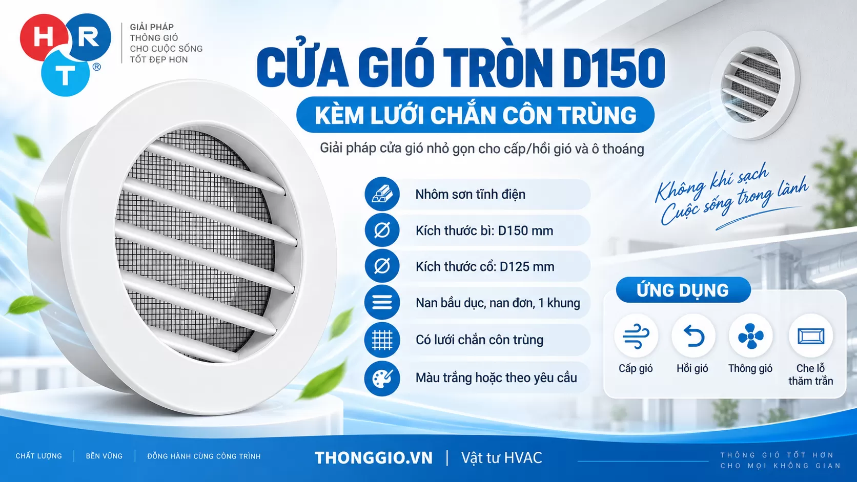 Cửa gi&oacute; tr&ograve;n D150 k&egrave;m lưới chắn c&ocirc;n tr&ugrave;ng