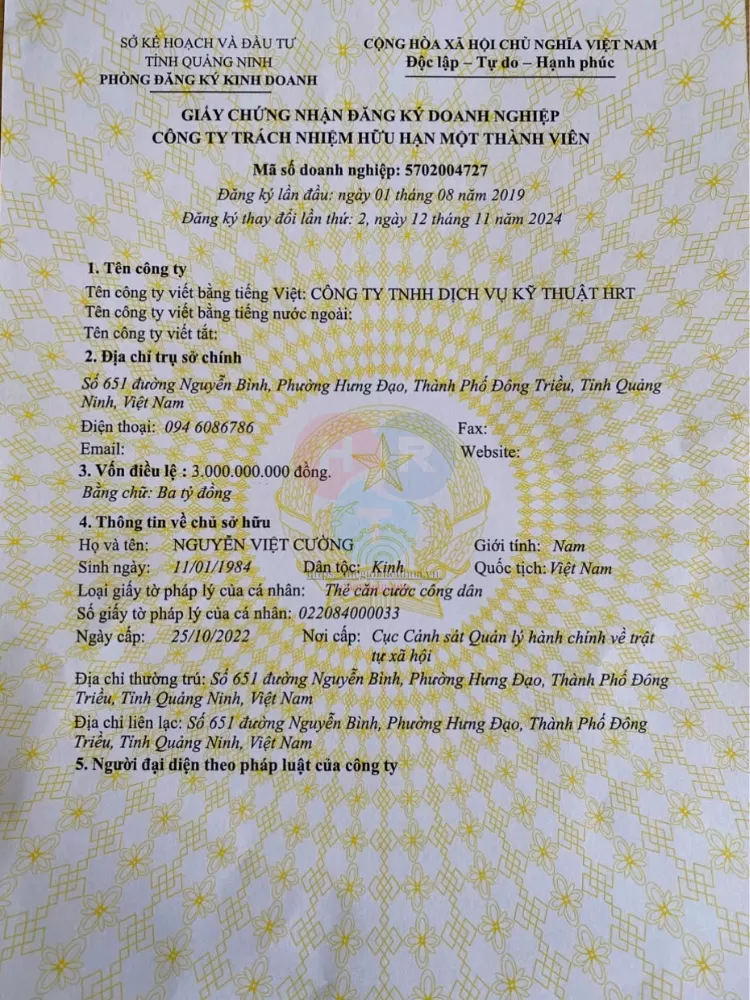 Đăng Ký Kinh Doanh 5702004727 - Công Ty TNHH Dịch Vụ Kỹ Thuật HRT