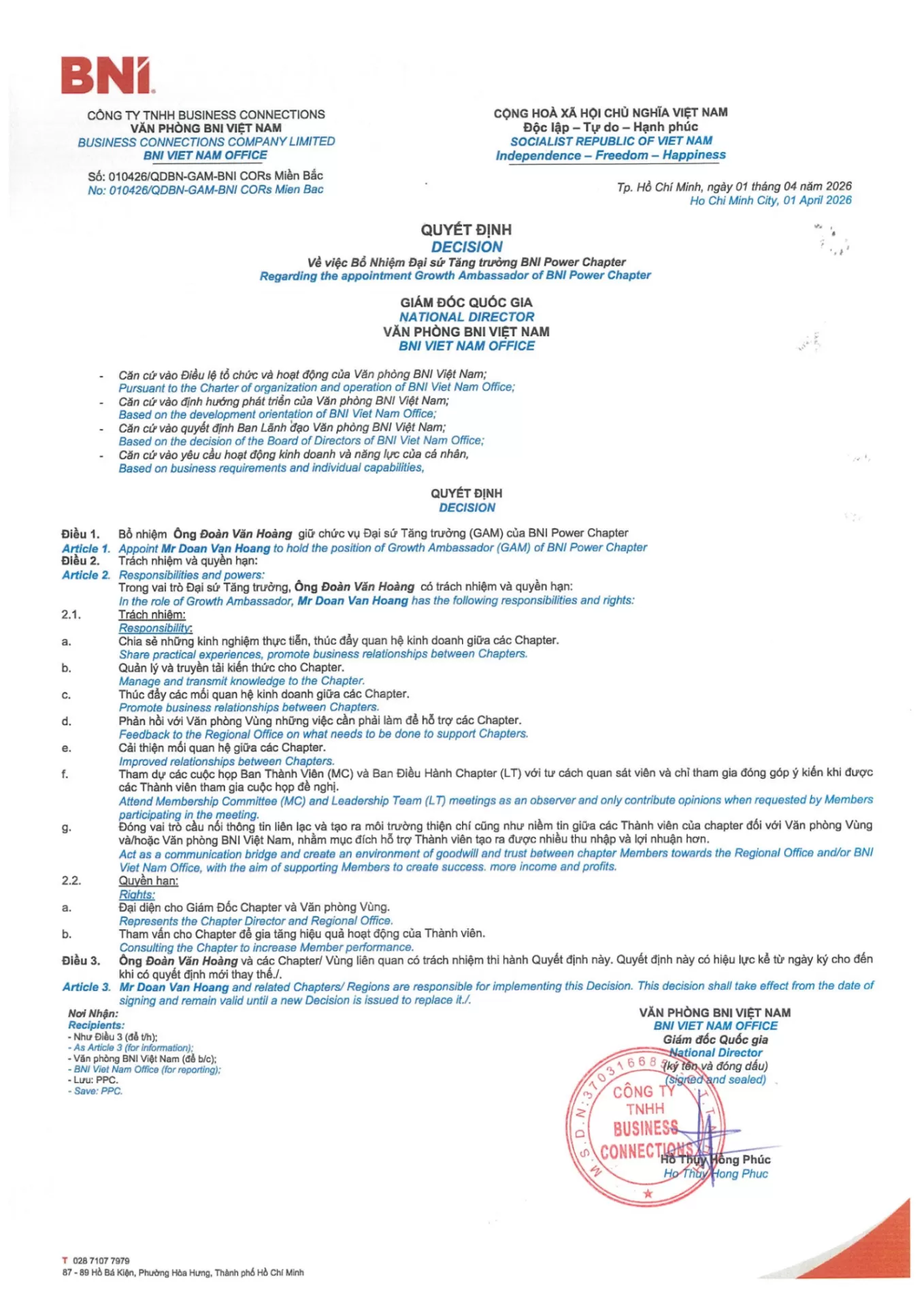 BNI Việt Nam Bổ Nhiệm CEO ĐOÀN VĂN HOÀNG Làm Đại Sứ Tăng Trưởng BNI Power Chapter